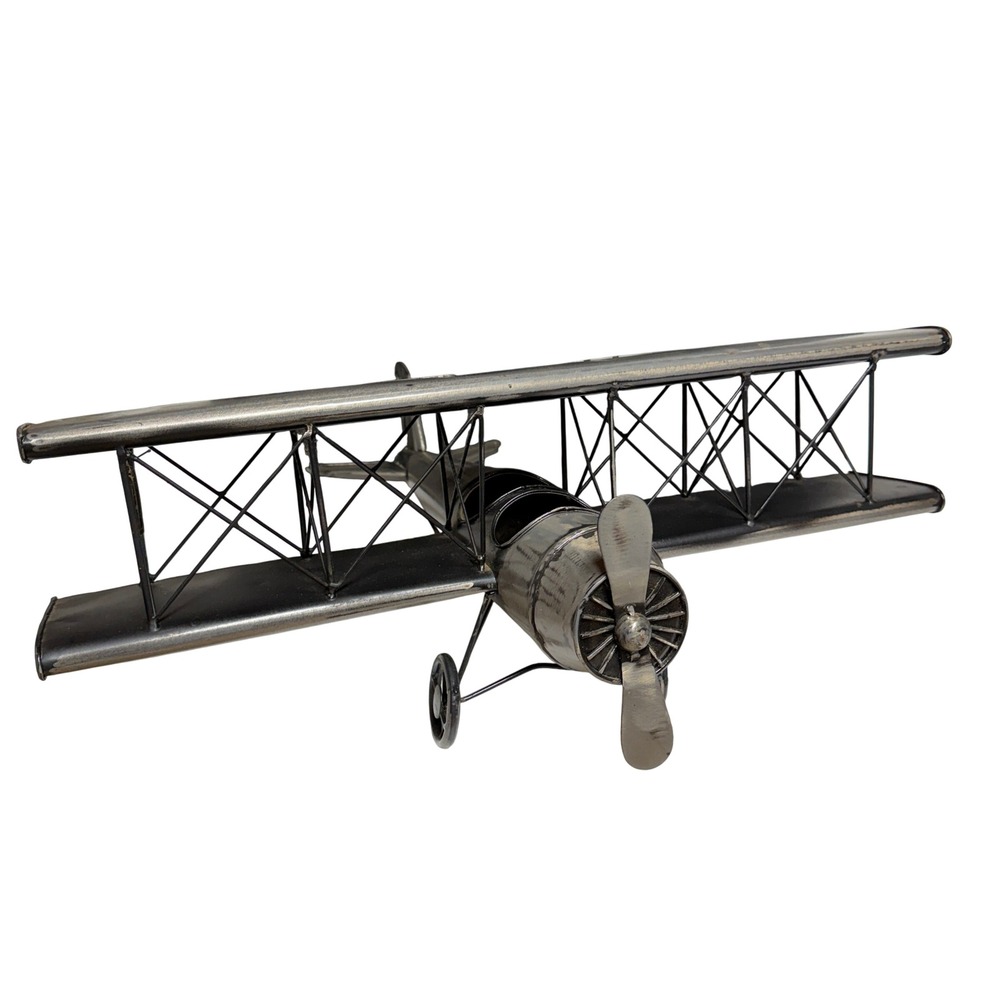 Vtg Style Metal Biplane Model Propeller Plane Industrial Decor Silver Black 19in - Picture 3 of 9